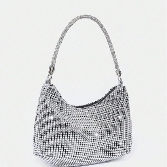 Women's Rhinestone Evening Handbag Glitter Crescent Shoulder Bag Zipper - Picture 2 of 7